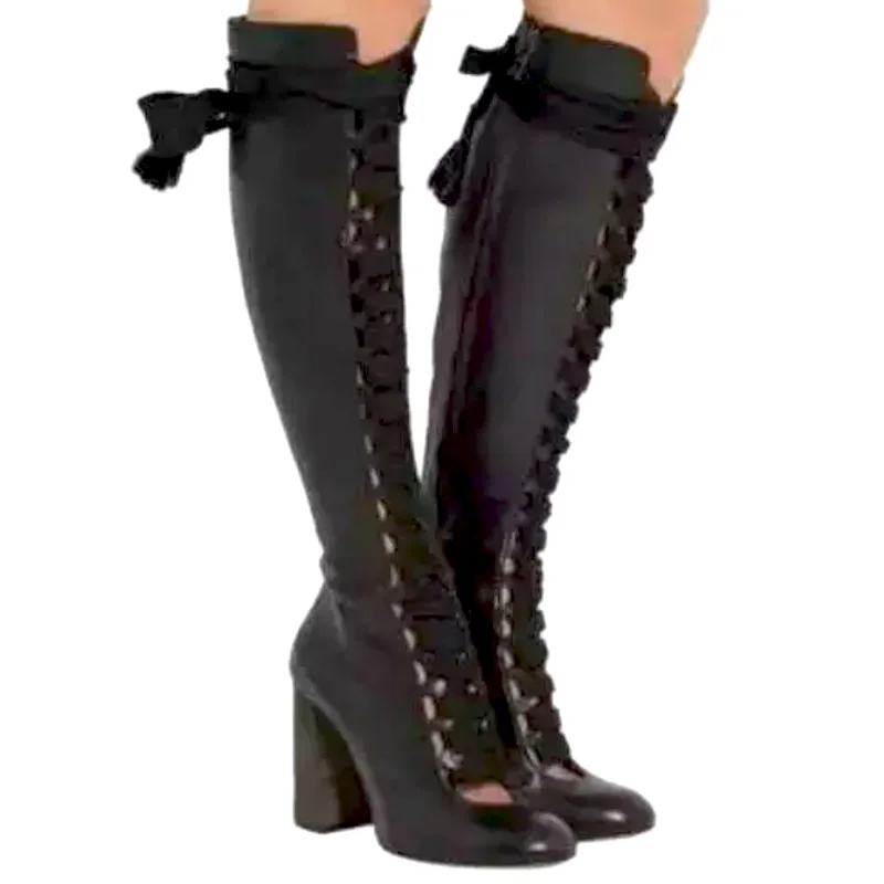 

Fashion Brown Thick Shoelace Cross-Tie Front Knee Boots Square Heels Woman Round Toe Lace Bandage Top Zipper Knight Boots Shoes