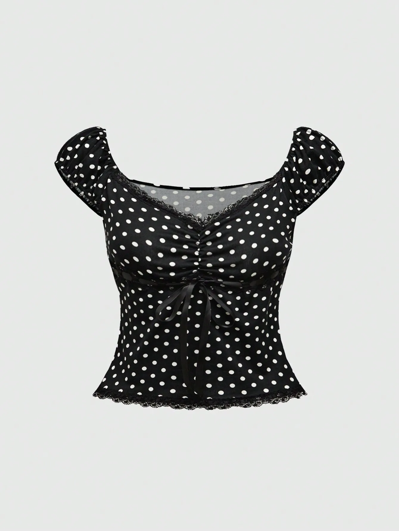 

Черный топ в горошек с рюшами, кружевной отделкой и бантом, летняя блузка с открытыми плечами и короткими рукавами для женщин