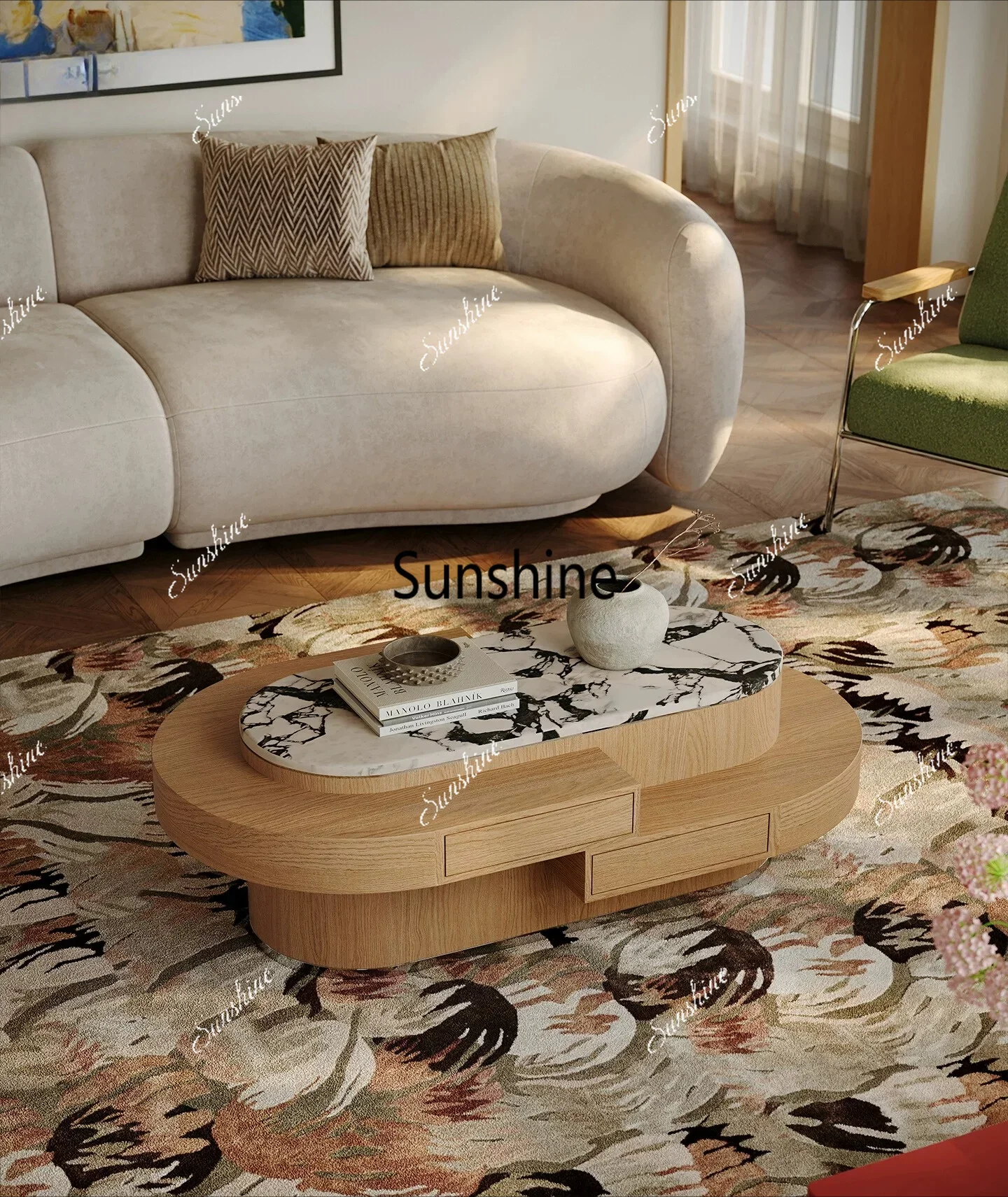 Small and large apartment type simple wind all solid wood marble coffee tableT*