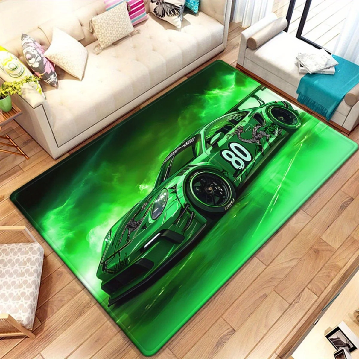 Green Racing Car Doormat - High-Speed Sports Auto Rug, Abstract Motion Floor Mat, Non-Slip, Multiple Sizes