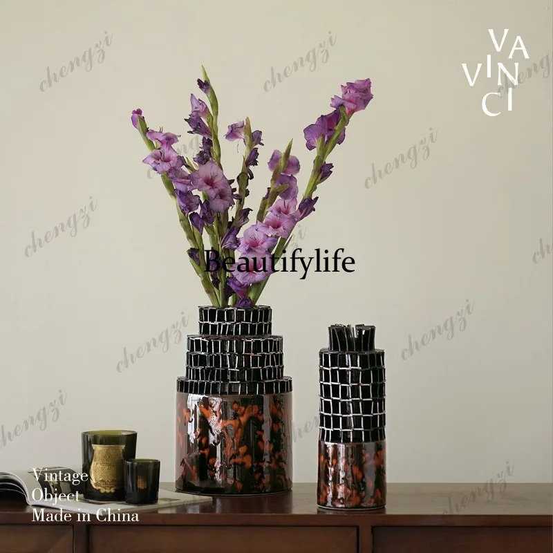 Retro ceramic vase creative personality multi-layer cylindrical flower ware living room entrance decoration