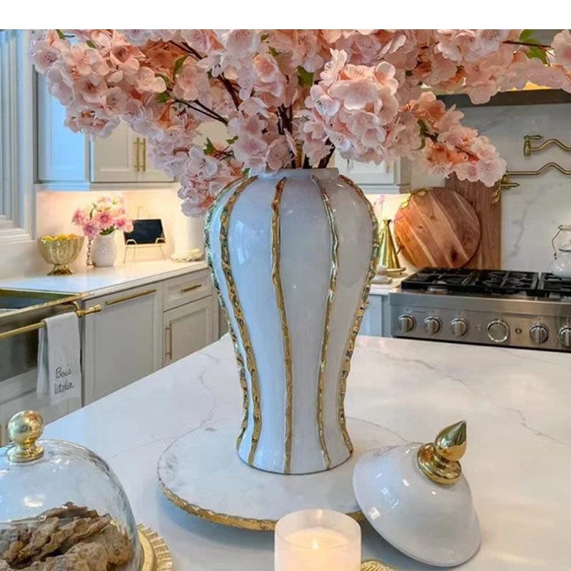 Silver Wrinkle Stripe Ceramic Storage Jar with Lid Gold-plated Flower Arrangement Desktop Jewelry Jars Cosmetic Containers