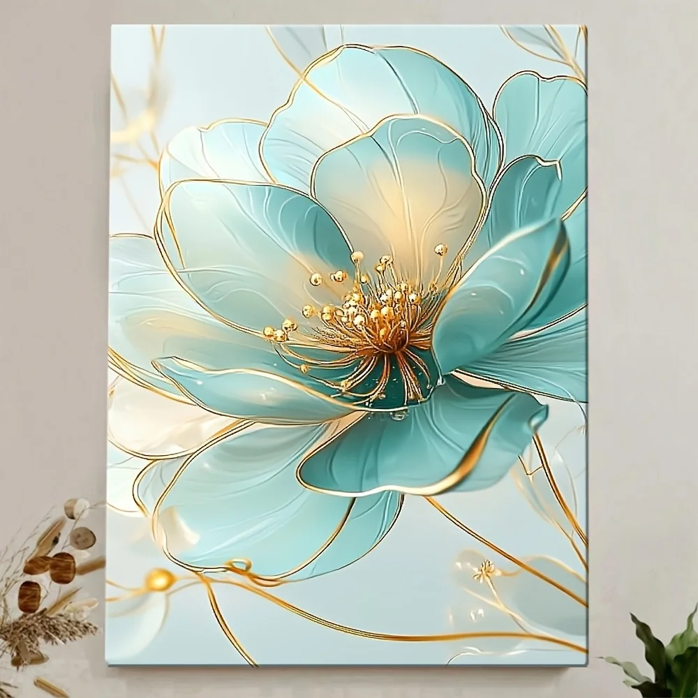 

Elegant Teal & Gold Flower Canvas Art with Frame - Modern Floral Wall Decor for Living Room, Office, or Corridor