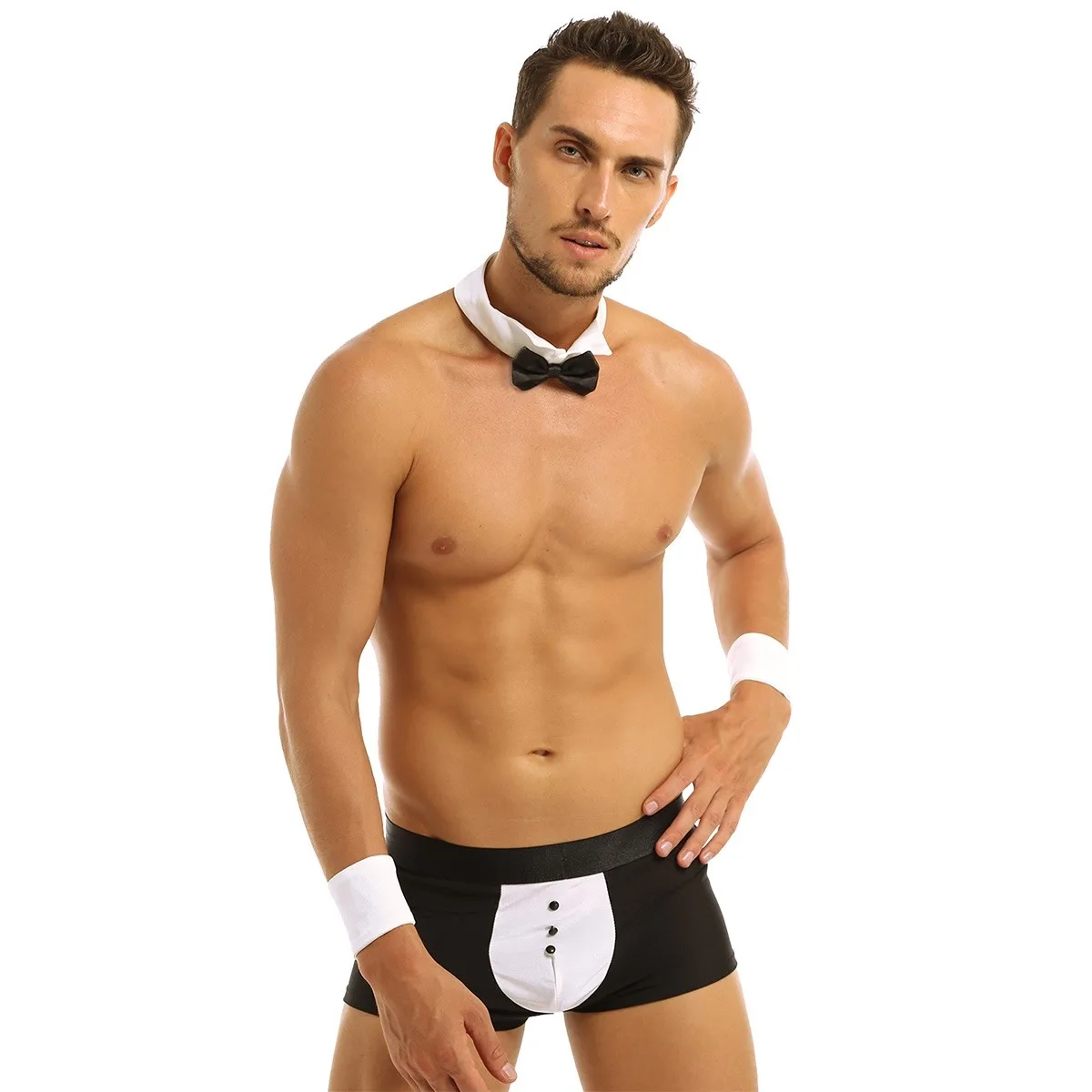 3Pcs Mens Waiter Tuxedo Sexy Cosplay Costume Lingerie Suit Boxer Briefs Underwear with Bow Tie Collar and Bracelets