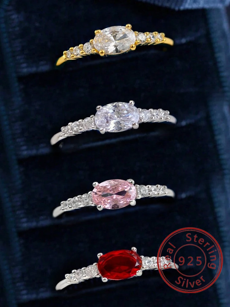

925 Sterling Silver Simple Fashion Pink Oval Shape Zircon Ring For Women Anniversary Wedding Daily Wear Luxury Fine Jewelry