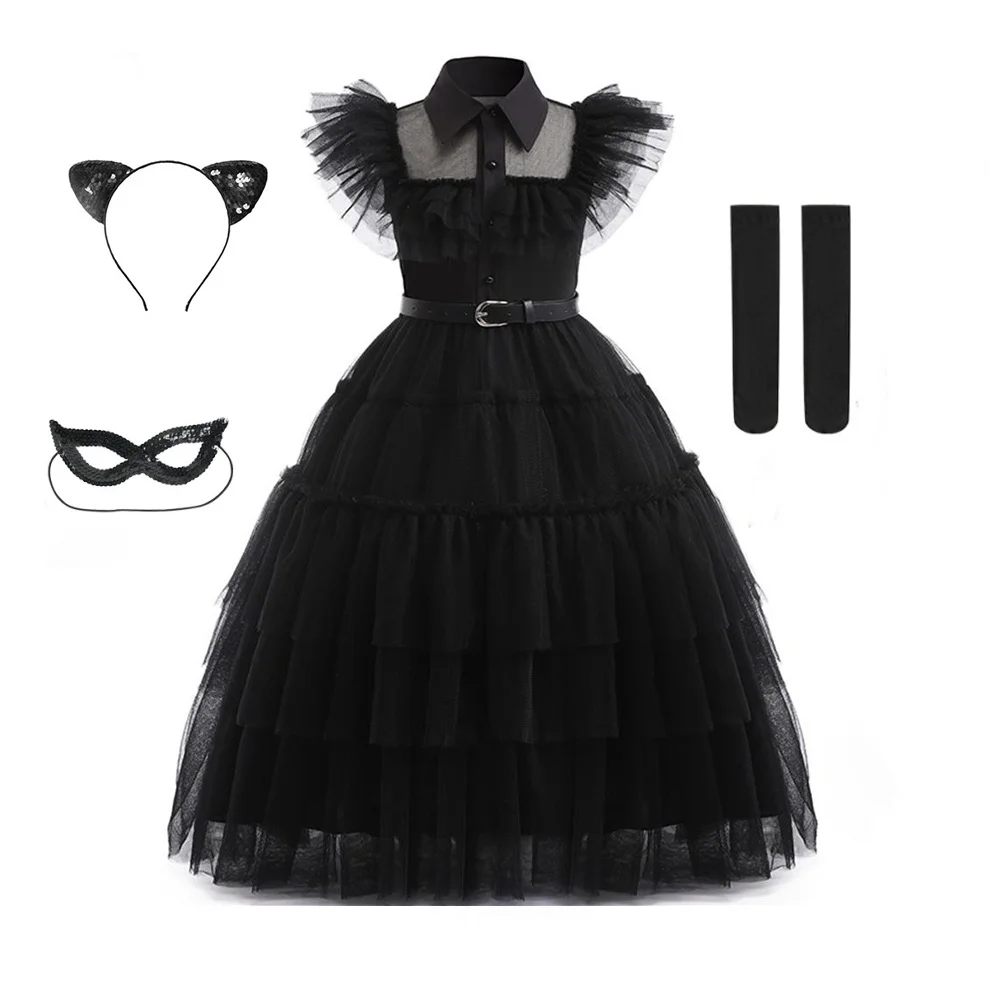 

Halloween Children's Wednesday Adam Cosplay Costume Long Style Mesh Dress Carnival Party Girls Black Wedding Dress And Accessory