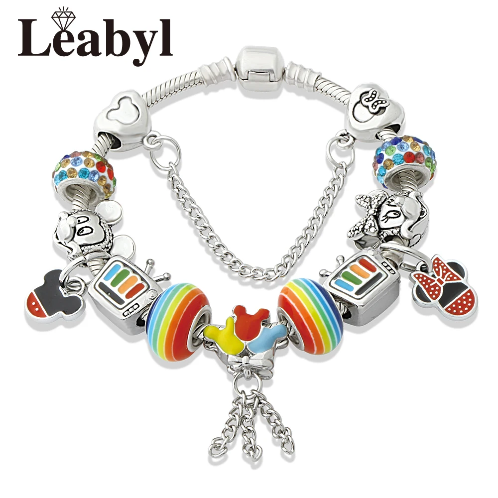 Colorful Rainbow Enamel Crystal Cartoon Animal Charm Bracelet Trendy Mickey Minnie DIY Bead Jewelry Gift for Women