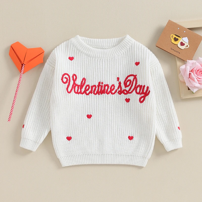 

Toddler Unisex Knit Sweater with Heart Embroidery Detail and Crew Neck Long Sleeve Pullover for Baby Boys and Girls