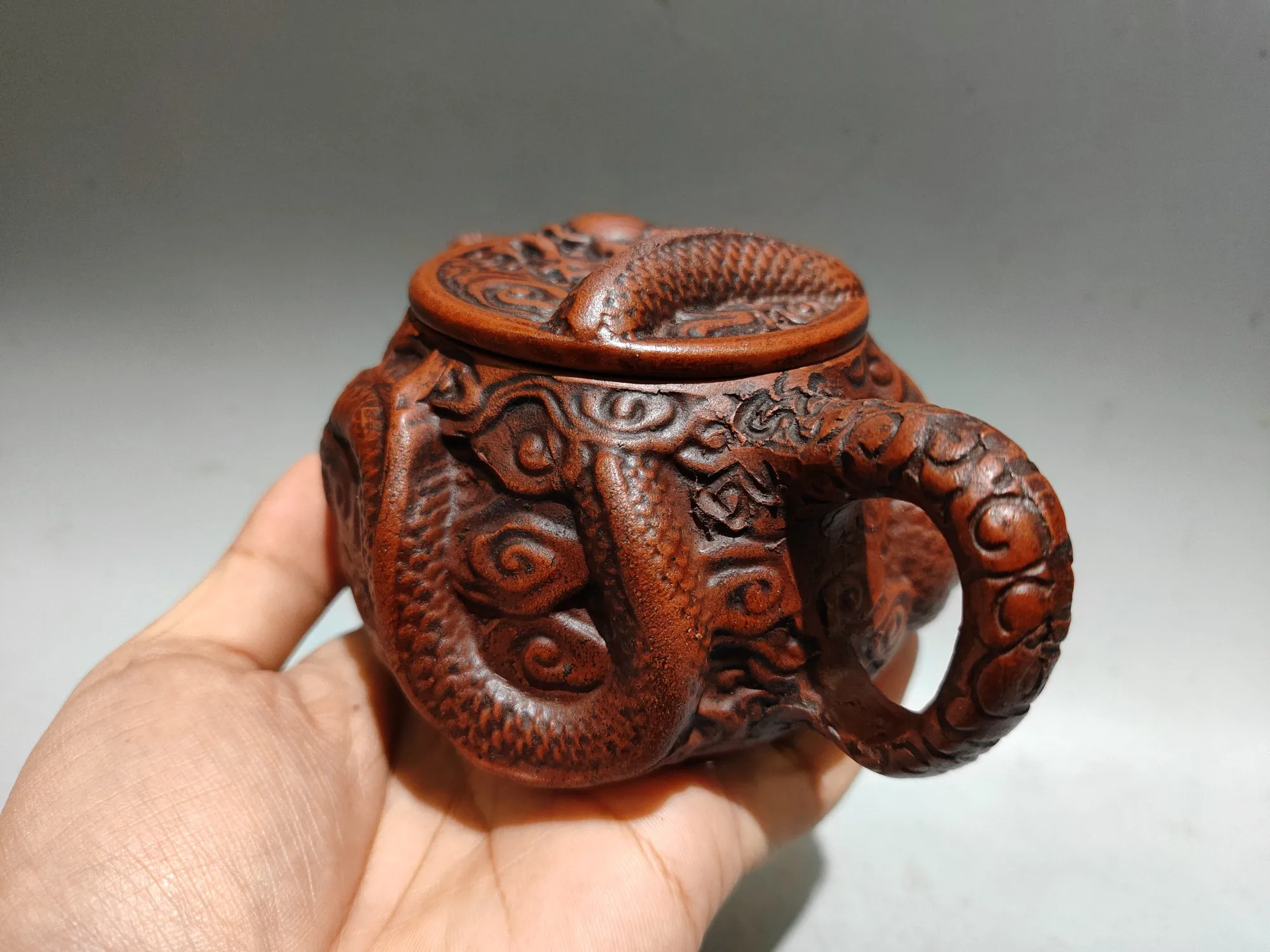 Old Chinese Handicraft Enameled YiXing Zisha (red stoneware) Teapot,Dragon style teapot,with mark, Free shipping