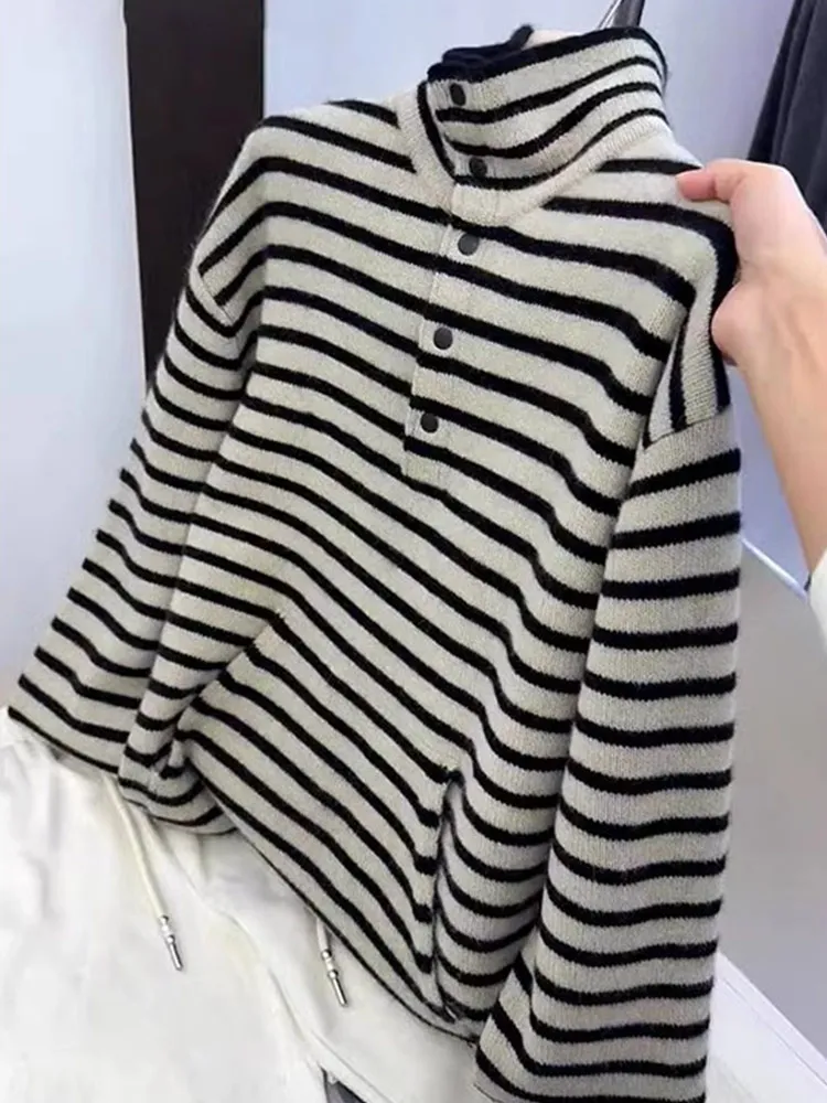

Зимний вязаный свитер, повседневный длинный свек, полосатый дизайн, корейский слэ, простой модный удобный шерстяной топ