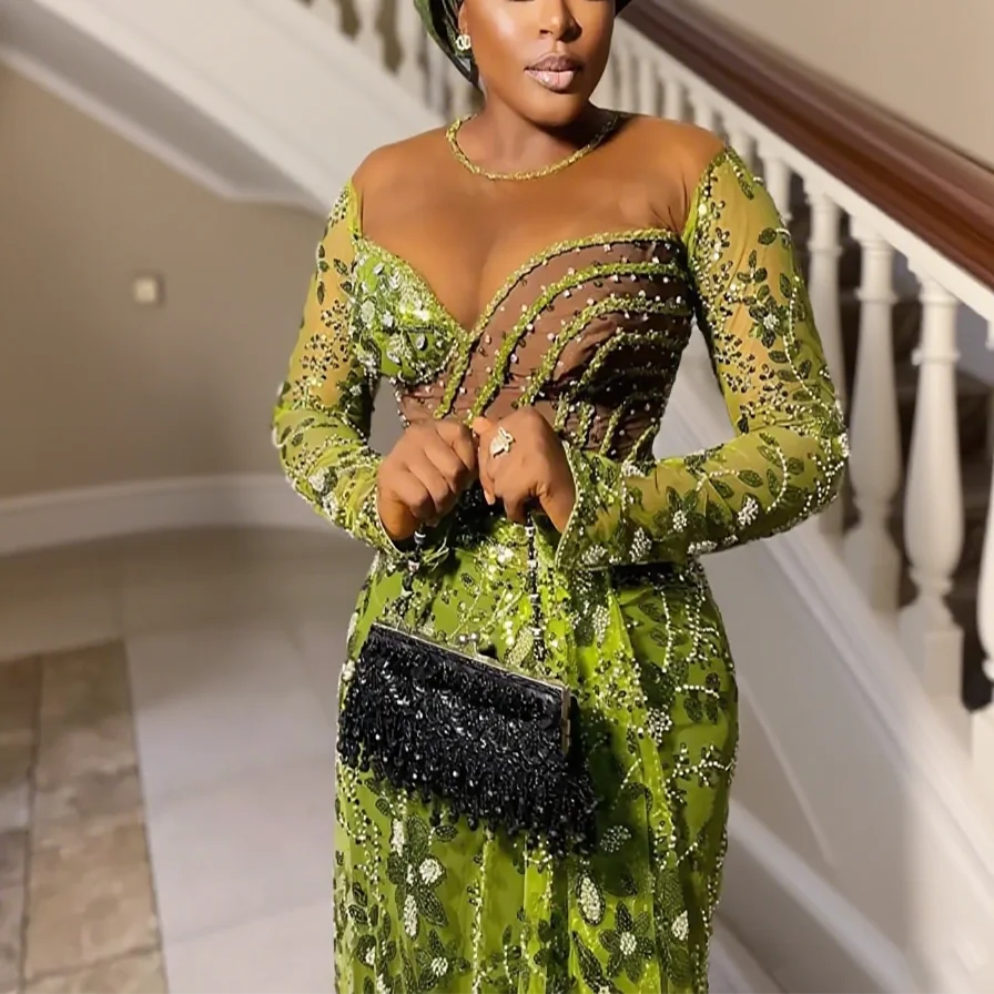فستان حفلات أخضر فاخر من الخرز الأفريقي من الدانتيل الأخضر فساتين لحضور الحفلات الموسيقية Aso Ebi فستان حفلات الزفاف حسب الطلب
