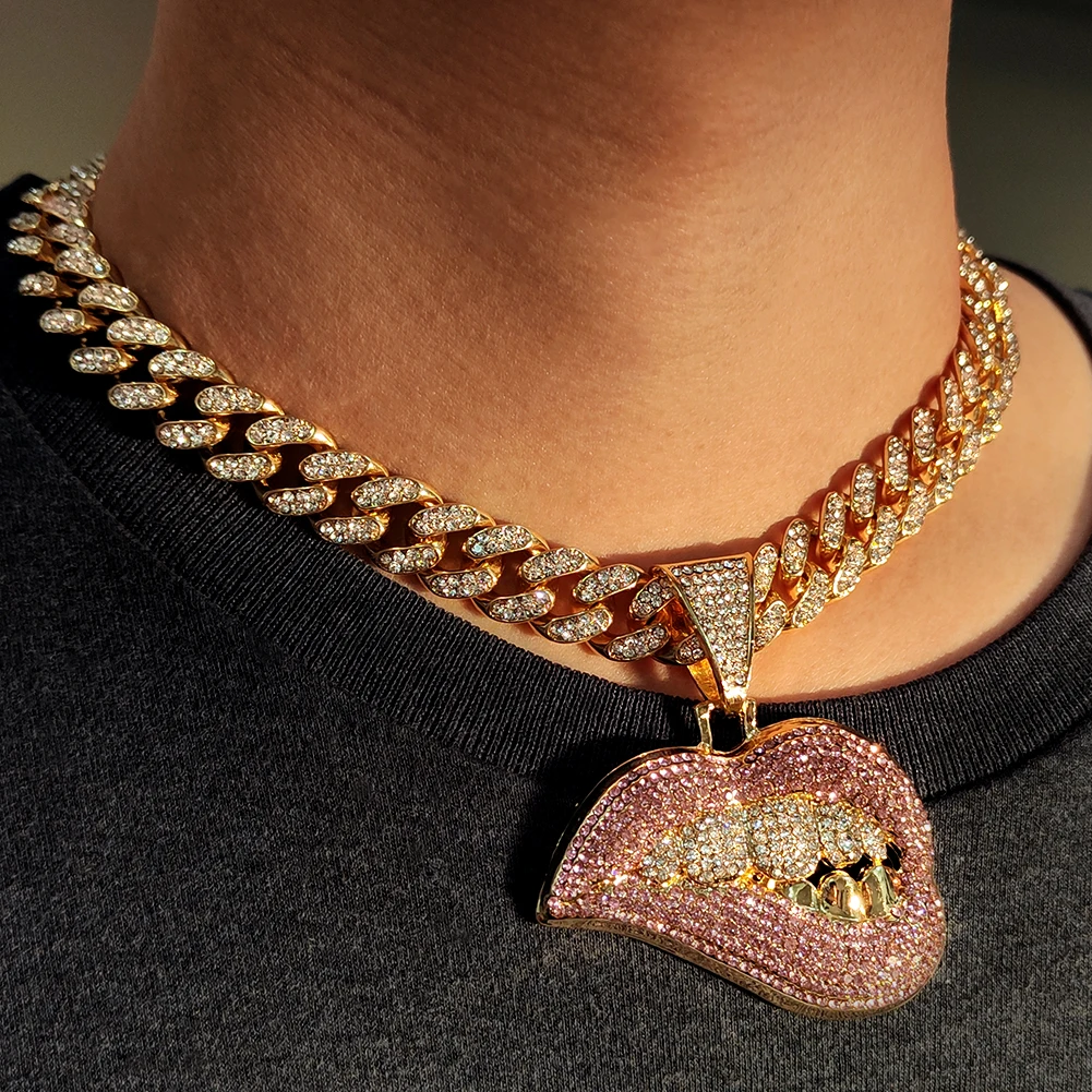 Hip Hop Bite Lip Shape Pendant Necklace for Men Women Iced Out Bling Crystal Cuban Link Tennis Chain Necklaces Fashion Jewelry