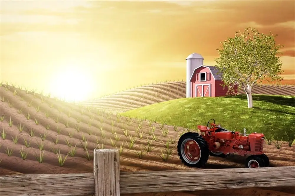 Morning Busy Farm Fresh Sunrise Country Hills Agriculture Farmland Tractor party photo background photography backdrop studio