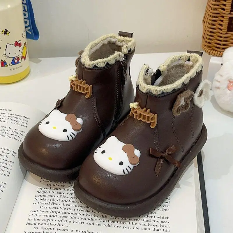 سانريو مرحبا كيتي الفتيات أحذية قصيرة أحذية الأميرة البيج القوس اللؤلؤ القطن أحذية الخريف الشتاء الأحذية الجلدية الناعمة للأطفال