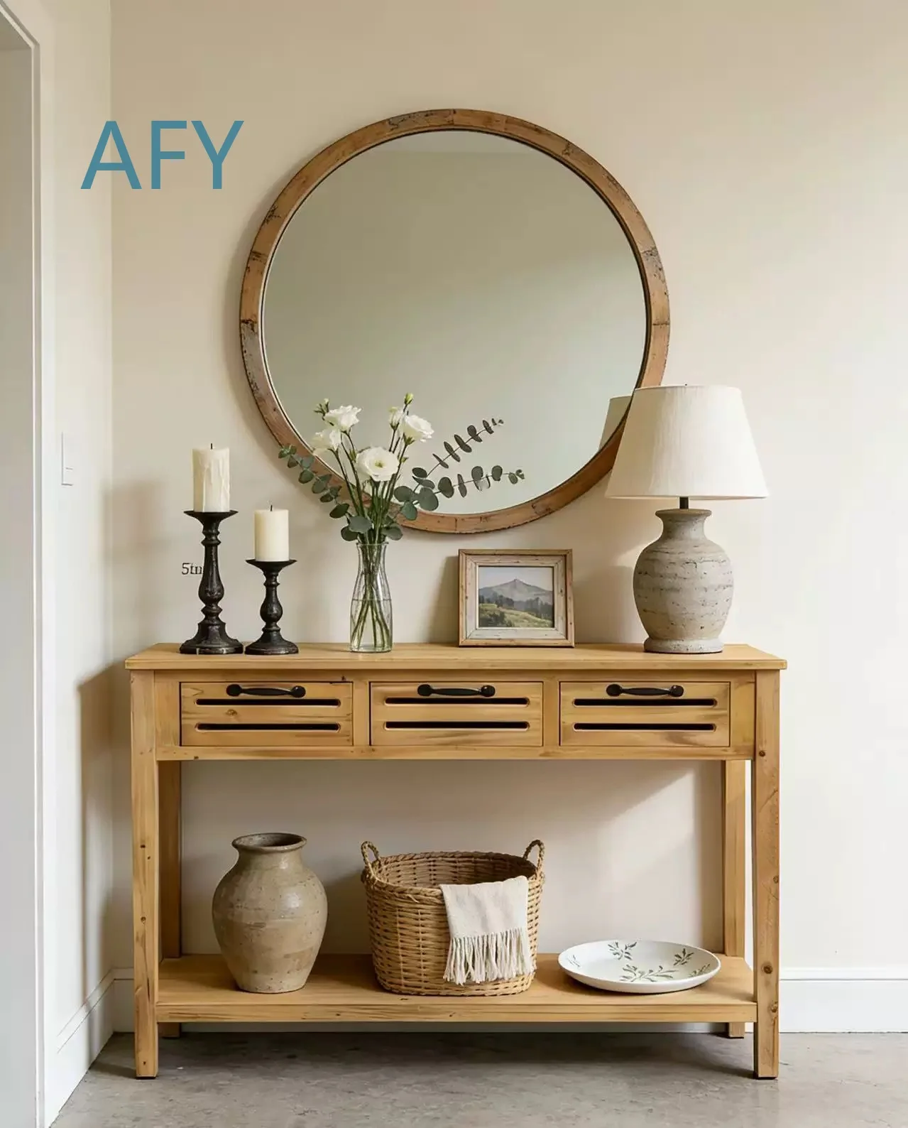 Rustic Wood Console Table with 3 Drawers for Farmhouse Entryway Hallway Living Room Natural Wood Finish 43.3x15.7x32.3 Inches