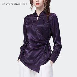 Vintage Women Purple Jacquard Satin Blouse Long Sleeve Stand Collar Spring Summer Tops Fashion Slimming Irregular Lace-up Shirt