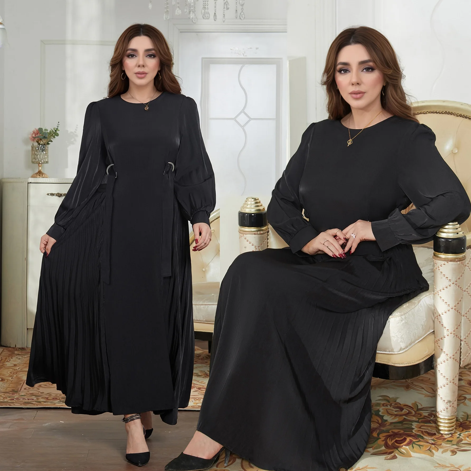 

Wholesale Muslim Fashion Abaya Dress New Middle Eastern Muslim Chiffon Abayas Printed Pleated Lantern Sleeves Women's Dresses