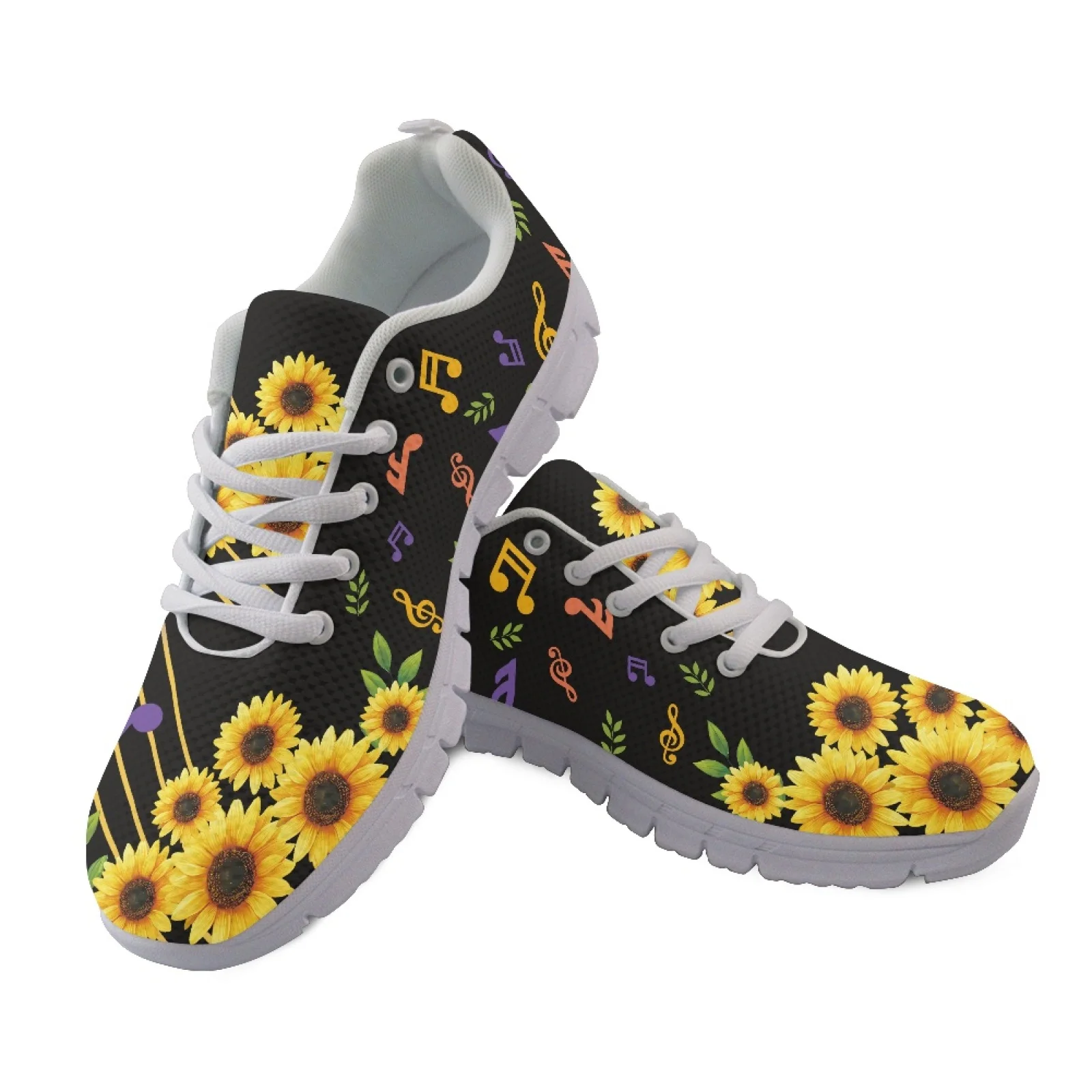 Coloranimal Sunflower Music Notes New Trend Sports Shoes Women Running Walking Shoes Low Top Athletic Sneaker for Men