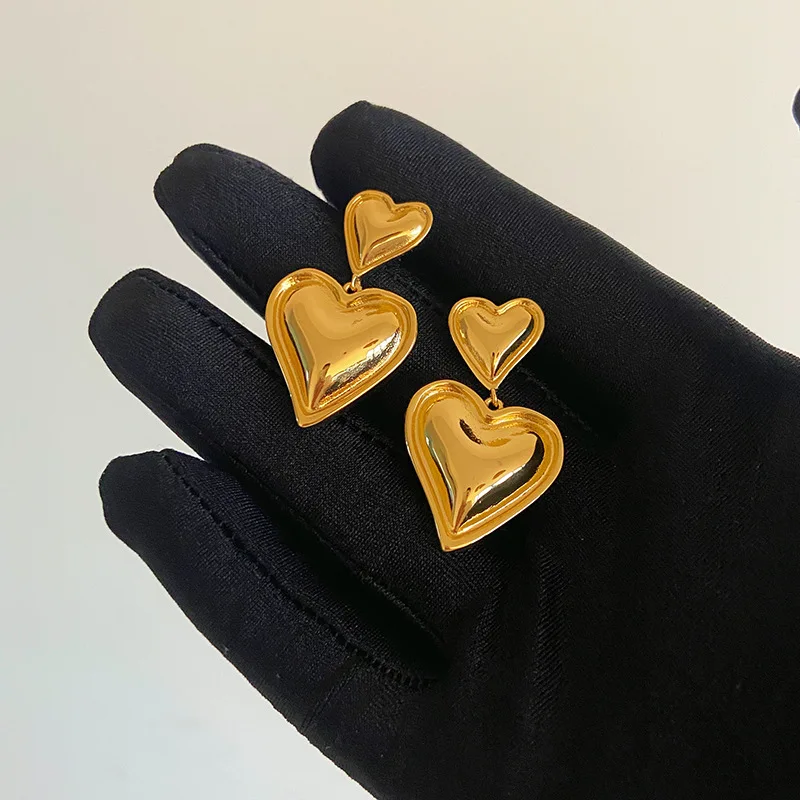 Vintage Irregular Metal Stud Earrings 18K Gold Plated Punk Double Heart Shaped Europe and America for Women Fashion Jewelry Gift image 5