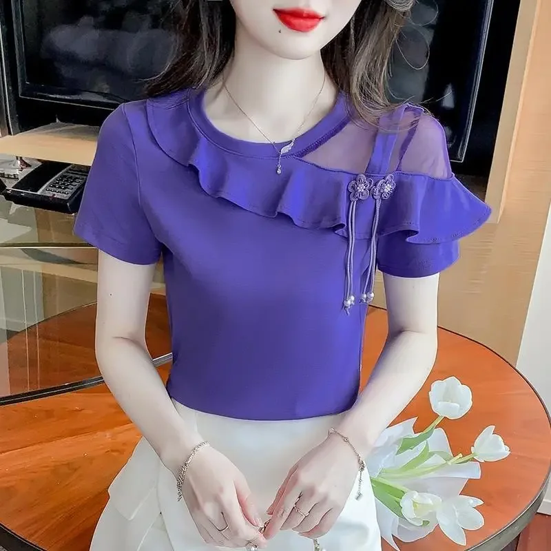 Purple Ruffled Neck Short Sleeve T-shirt Women Chic Solid Color Top Summer Casual Regular Fit Tee