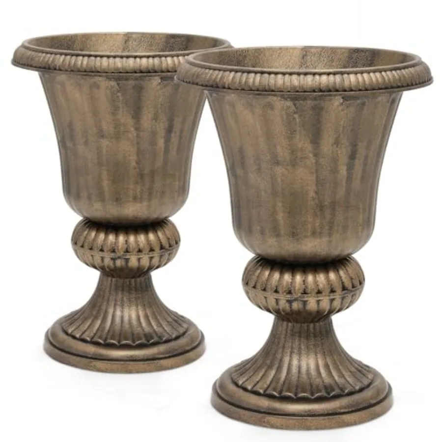

Outdoor urn planters set of 2 weatherproof tall plastic antique brass for front porch garden patio entryway decor