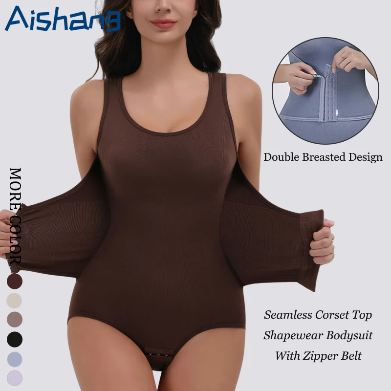 Nahtloser Bodysuit Shapewear mit Reißverschluss-Gürtel Damen Bauchkontrolle Fajas Körperformer Taillentrainer Schlankheits-Korsett Tops