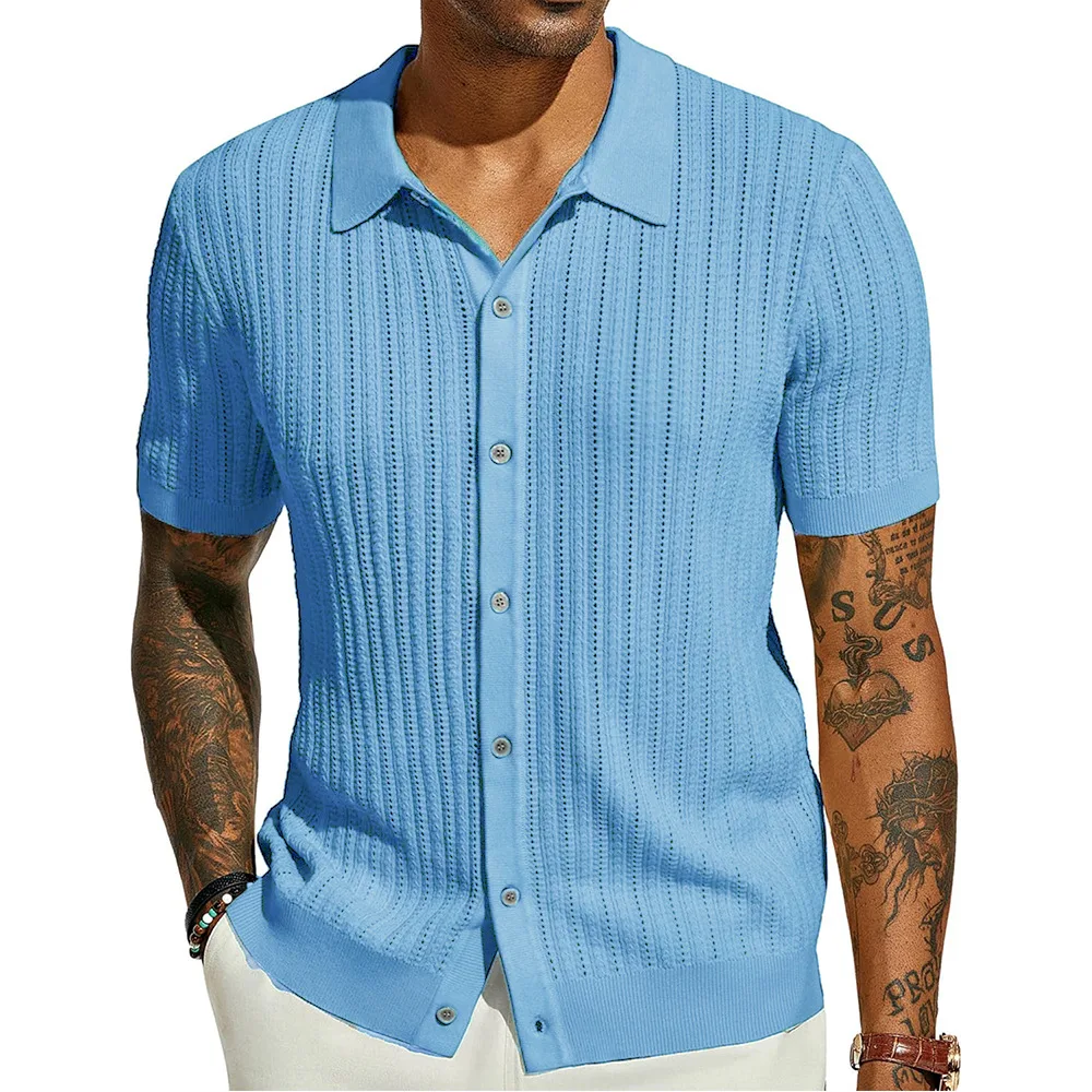 2025 New Men's Casual Tops Summer Cool Knitted Men's Shirts Short-sleeved Lapels Solid Color Hollow Breathable Clothing