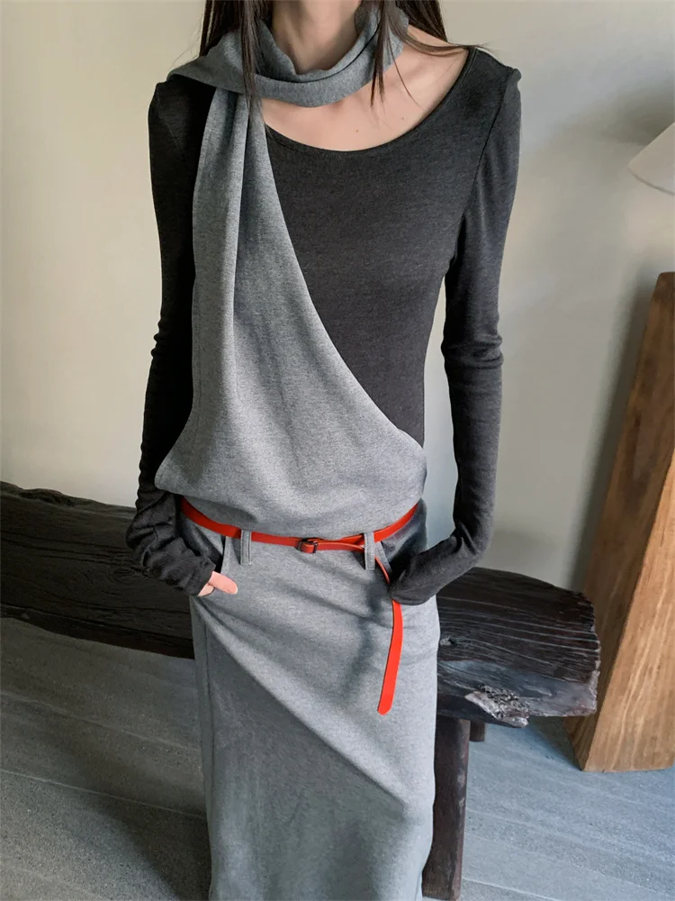 CHEERART Wasteland Designer Long Dresses 2024 Women Winter Autumn Long Sleeve Maxi Dress Grey Khaki Knitted Dress Fall Clothes