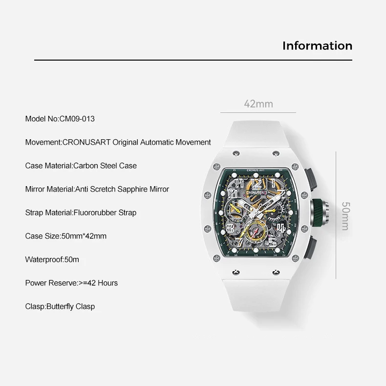 CRONUSART ساعة أوتوماتيكية للرجال 50 مللي متر كرونوغراف تونيو ساعة يد ميكانيكية رياضية حافظة من الفولاذ الكربوني حزام مطاط مضيء