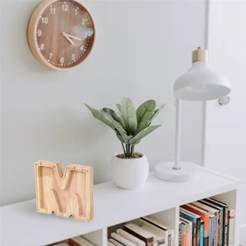 Skarbonka dla dzieci B78B-Letter, drewniana skarbonka z przezroczystą literą, personalizowana dekoracyjna skarbonka na monety, trwała