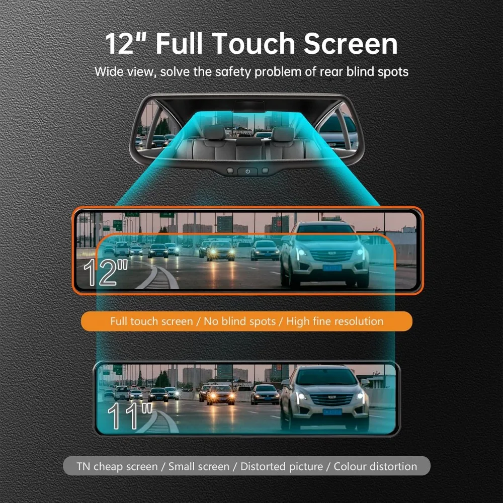 كاميرا 12 4K UHD مرآة أمامية وخلفية مع كاميرا احتياطية للتكبير، كاميرا مرآة الرؤية الخلفية المزدوجة 2160P للسيارات والشاحنات، سيارة 64 جيجابايت #5