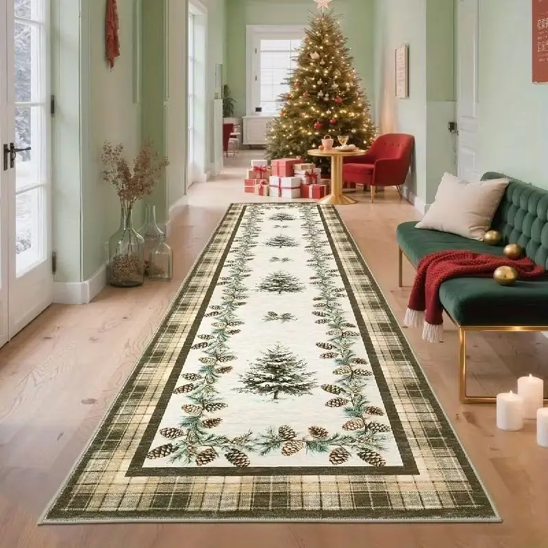 VIKAMA Christmas Runner Rug Non Slip Plaid Pine Tree Pinecone Hallway Carpet Holiday Xmas Decor Entryway Living Room Indoor Home