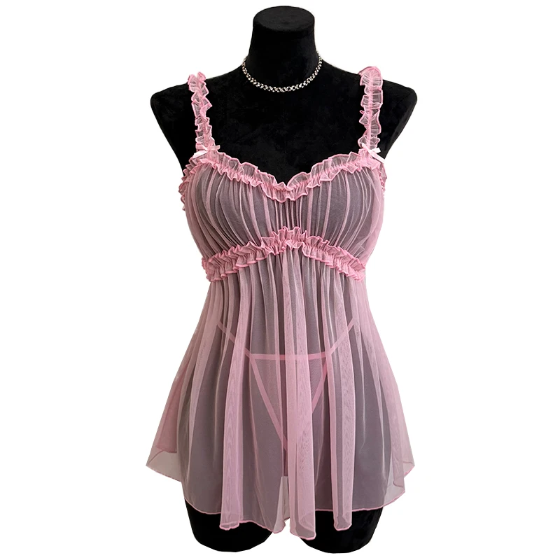 Camisón de malla rosa transparente, ropa de casa, Babydolls, lencería Sexy, conjunto de falda para dormir, pijamas sin mangas para mujer, disfraces eróticos