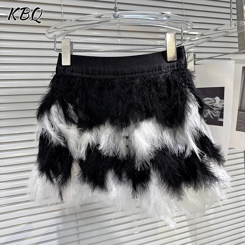 

KBQ Hit Color Spliced Feather Design A Line Skirts for Women High Waist Temperament Mini Skirt Female Fashion Stye Autumn New
