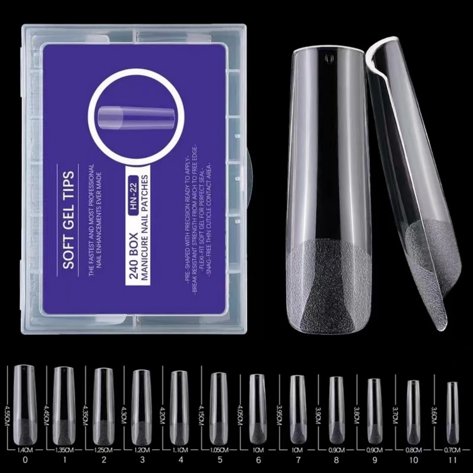 240 piezas de tips XXL largos cuadrados, cubierta completa y media, uñas postizas mate de extensión rápida, tips suaves de gel para mujeres y chicas, prensado 4