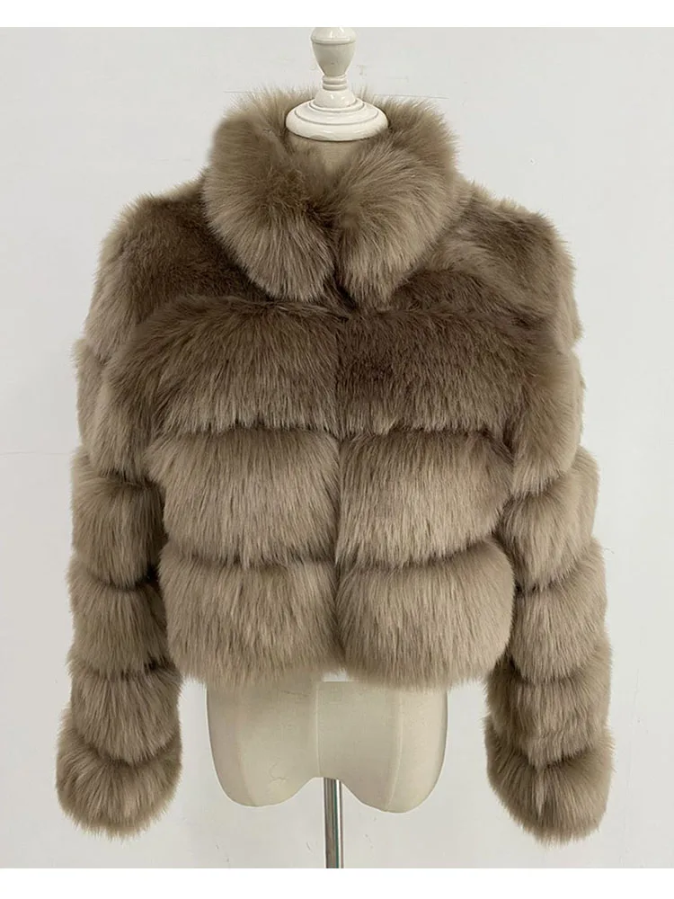 ZADORIN New Fashion Short Winter Faux Fox Fur Coat Woman Luxury Stand Fur Collar Thick Warm Furry Jacket Faux Fur Cropped Top