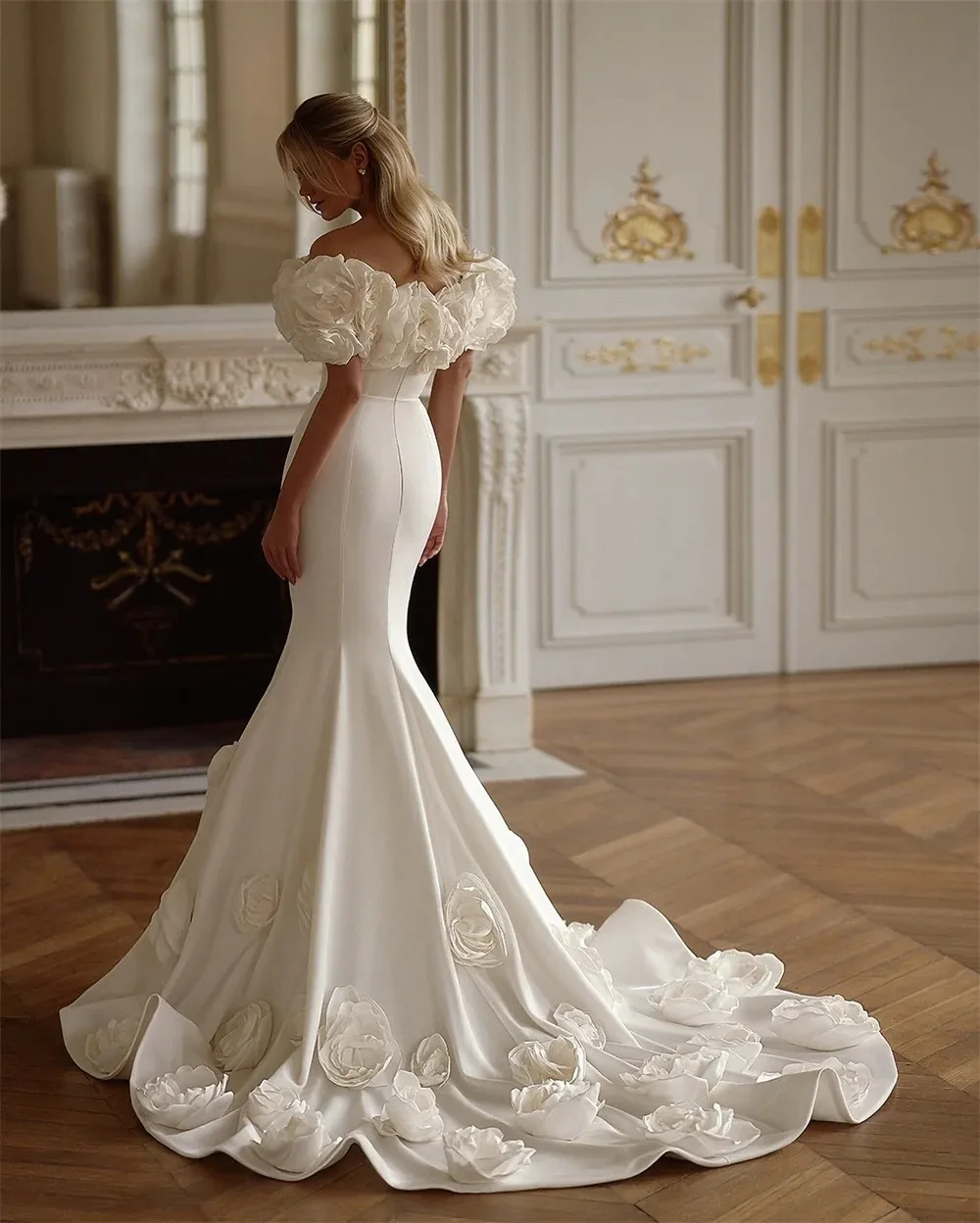 Off Shoulder Mermaid Wedding Dress with Detachable 3D Flower Bubble Sleeves and Rose Long Tail Wedding Dress Customization