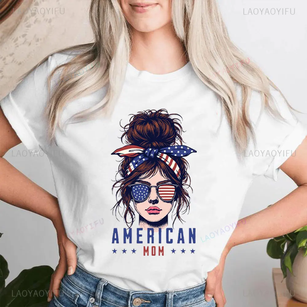 Funny American Flag Bun Head Printing T-shirt AMERICAN MAMA Graphic Tshirts Women Cotton Short-sleev Tee Top Unique Patriot Gift