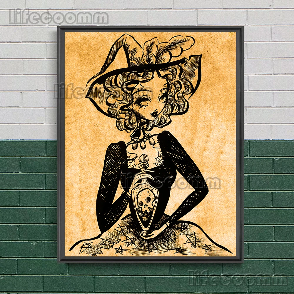 Gothic Witch Lady Vintage Wall Art Canvas Painting Sexy Devil Girl With Vampire Lady Art Poster And Print Home Decor Unframed