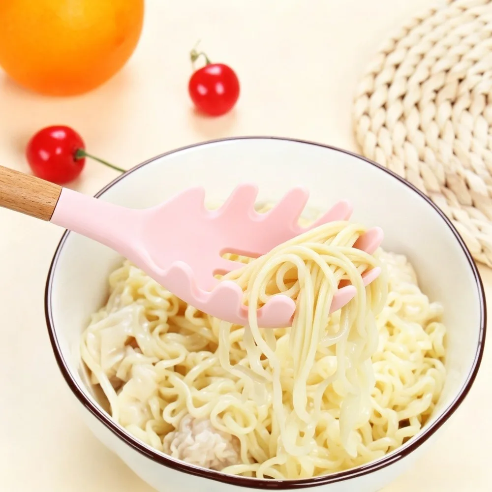 Wooden Handle Silicone Pasta Fork, Heat‑Resistant Spaghetti Server Noodle Spoon for Kitchen Cooking, Pink, 1 Pc