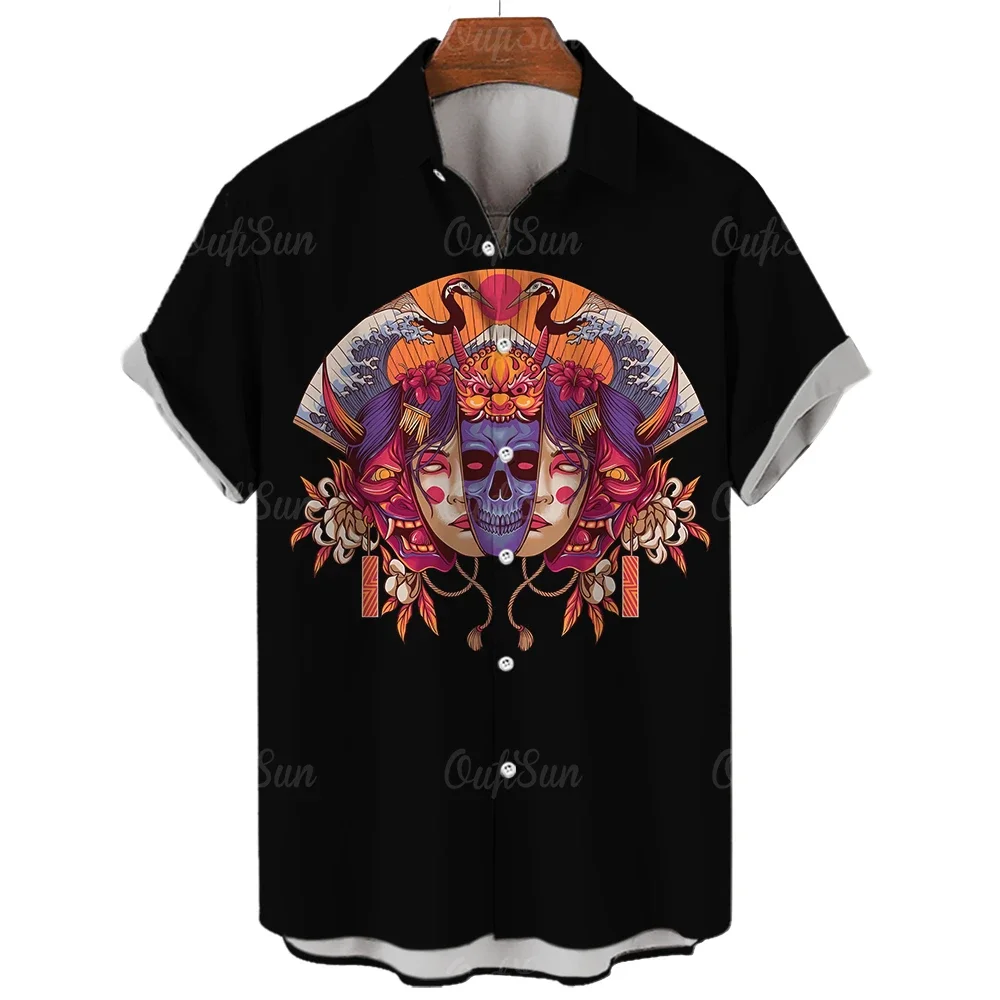 

Retro Men's Shirt Loose Samurai Horror Shirt Japanese Print Camisa Masculina Oversized Casual Hawaiian Shirt 2024 New Style