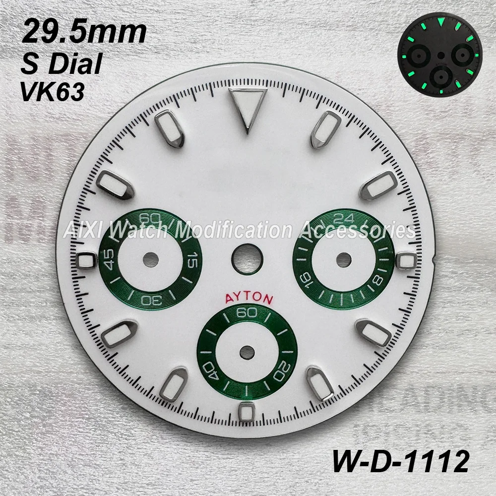 29.5mm S 로고 팬더 DTN 다이얼 VK63 무브먼트 호환 그린/무광 고품질 시계 개조 액세서리