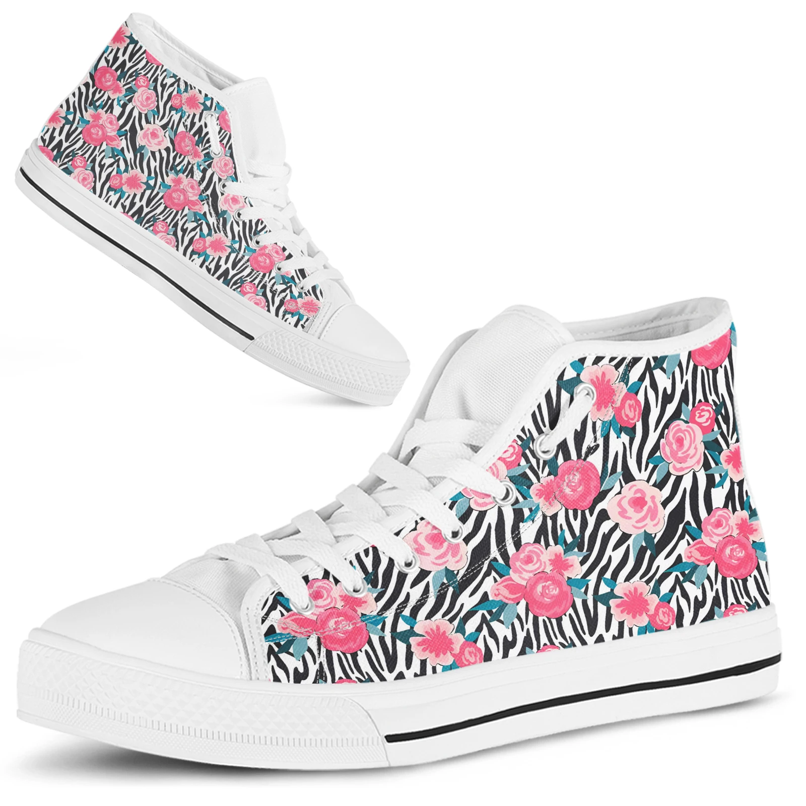 ELVISWORDS Zebra Texture High-top Women's Shoes Pink Rose Print Comfortable Canvas Shoes White Lace Up Sneakers Zapatos Mujer