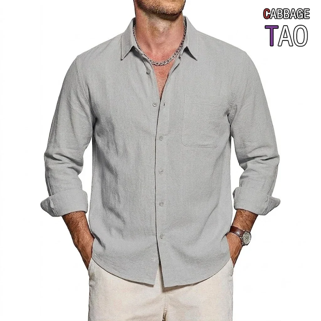 Mens Cotton LongSleeve Top Timeless Plain ButtonFront Supple Airy Work Tee Pocket Formal Shirt Notch Collar Design Urban Apparel