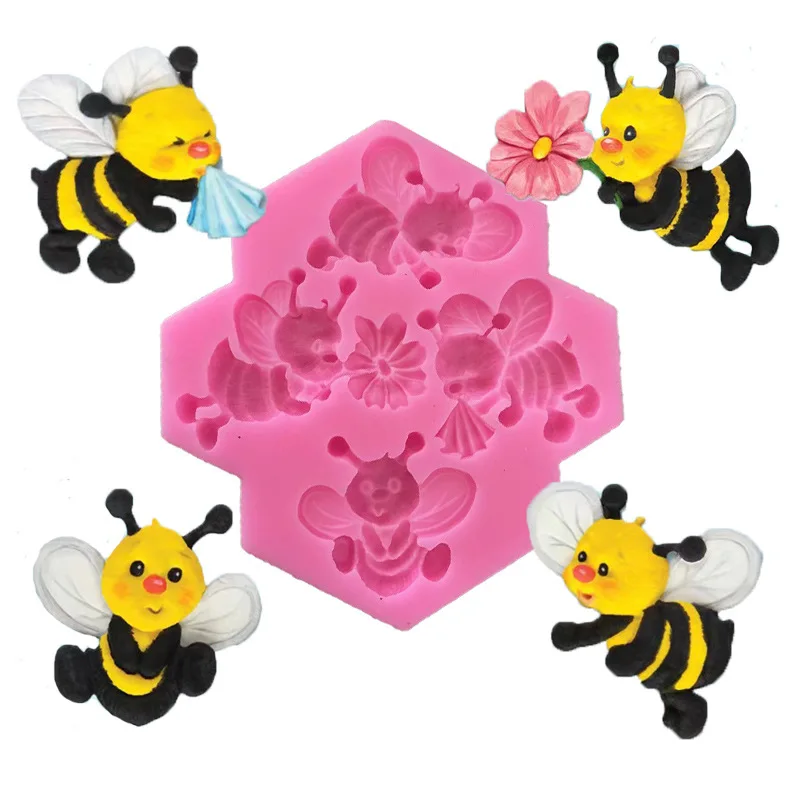 4 hardworking bees silicone molds DIY Cake Baking Tool Kids Cupcake Decorator Fondant Dessert Chocolate Mold