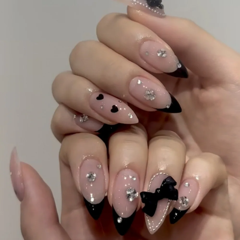 

24Pcs Mid-length French Almond Fake Nails Press on 3D Black Bow Love Heart False Nails Rhinestone Reusable Full Cover Nails Tips