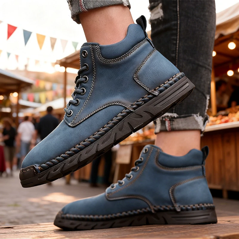 

Handmade Leather Men Shoes Casual Trendy Platform Outdoor Slip on Loafers Spring Autumn Outdoor Hiking Boots High Top Footwear