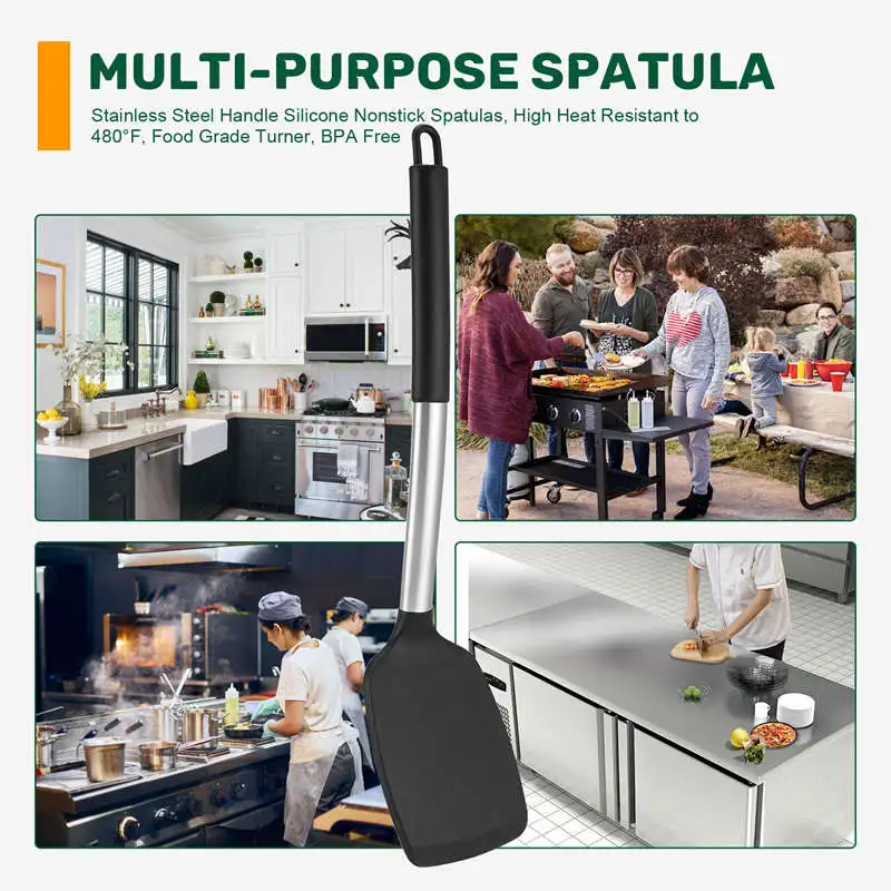Espátulas antiaderentes de silicone com alça de aço inoxidável ABRW, altamente resistentes ao calor até 480 ° F, Turner de qualidade alimentar, sem BPA