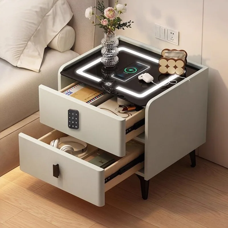Wooden Smart Bedside Table with Password Lock Faux Leather Multi-Function Bedroom Nightstand Modern Storage Cabinet
