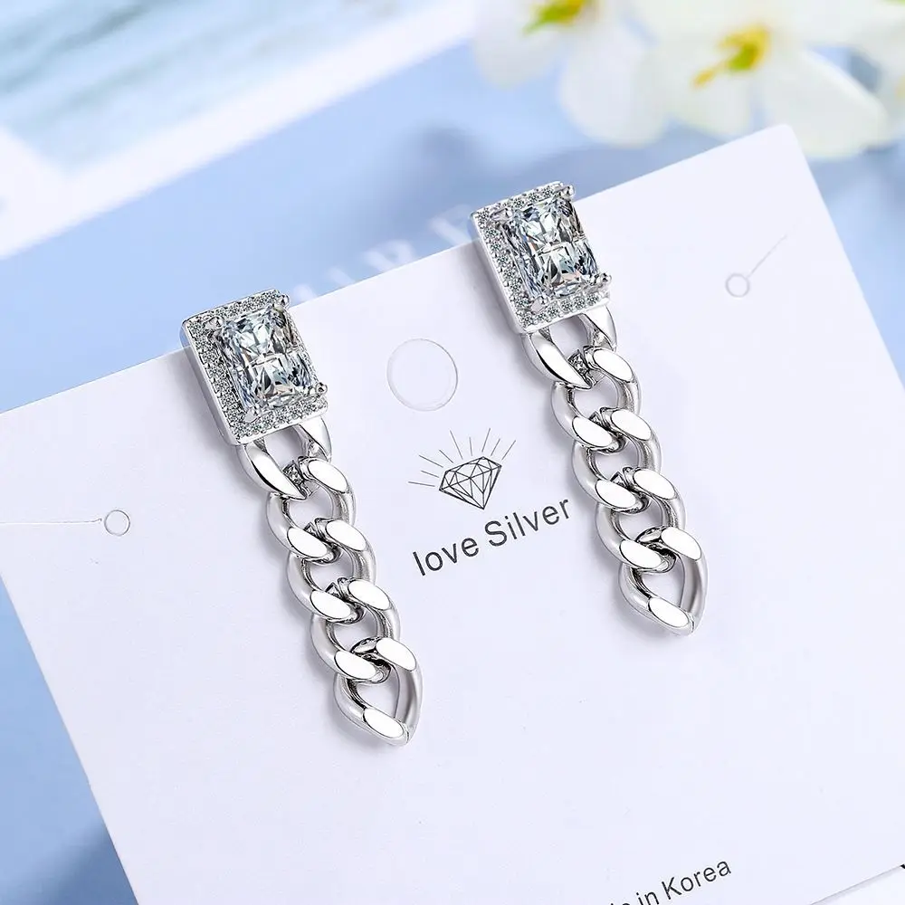 925 Sterling Silver Fashion Trend Rectangular Zircon Chain Stud Earrings Birthday Party Anniversary Gift